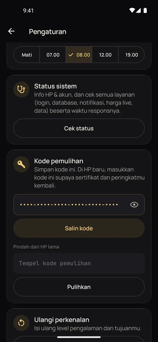 Pengaturan dan kode pemulihan